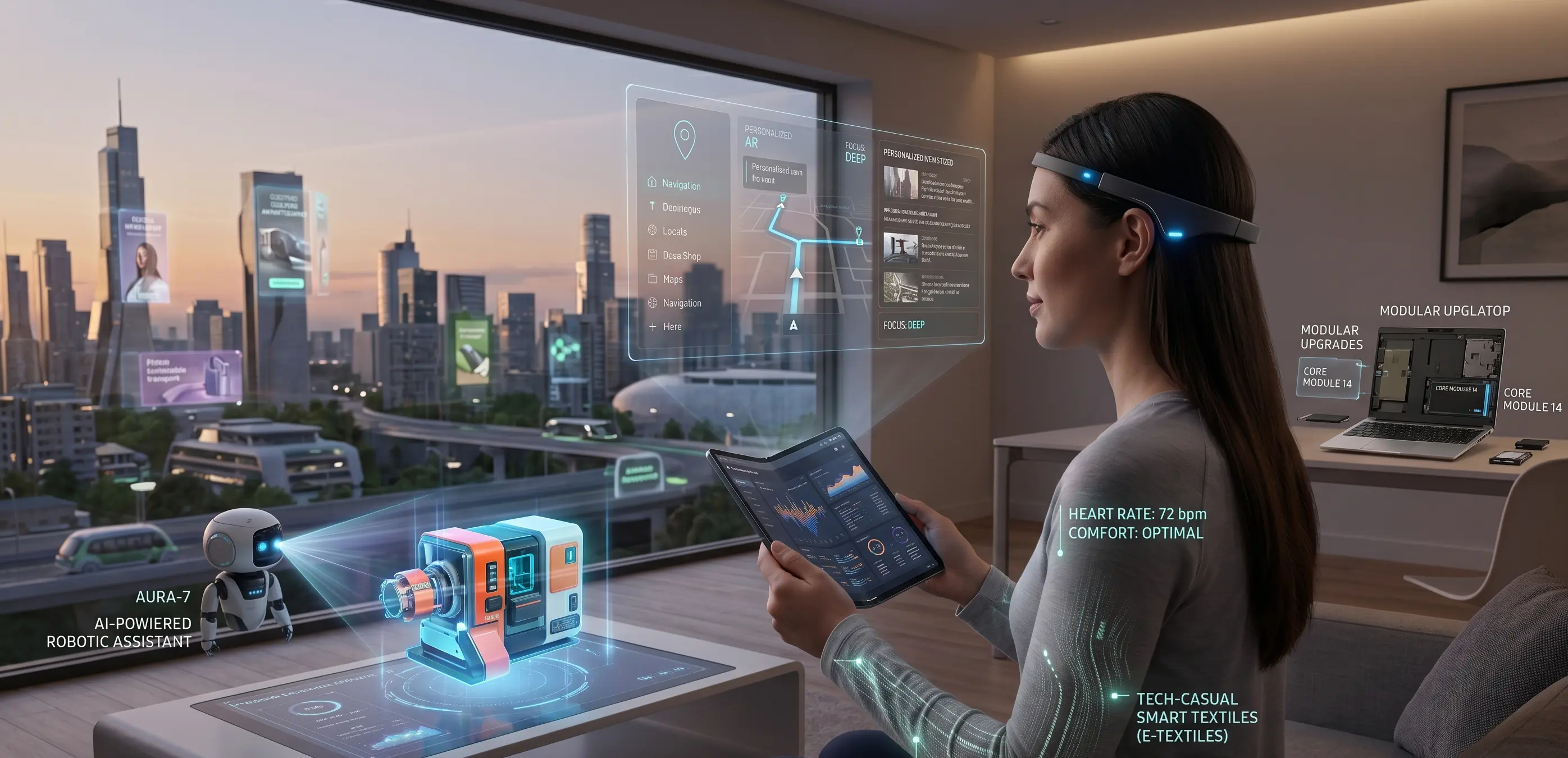 An infographic showing a woman in a futuristic apartment of the future at dusk interacting with cutting-edge technology. The image shows an AI assistant, AR interfaces, a folding tablet, a neural interface, and smart textiles with biometrics. There is a futuristic city outside the window.